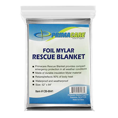 Primacare HB-10 Emergency Mylar Thermal Blankets – 10 Pack, 84" x 52", Silver – Reflective, Waterproof, Retains 90% Body H...