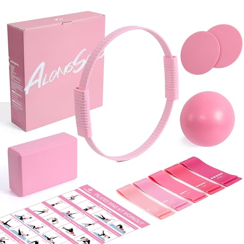 ALongSong Pilates Kit for Women, 13.7in Silicone Pilates Ring with Yoga Ball, 5 Resistance Bands, 1 Yoga Block, 2 Core Sli...