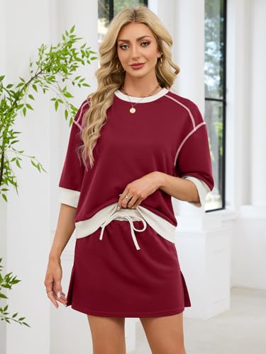 aswulk Womens Sweatsuits 2 Piece Set Crewneck Half Sleeve Sweatshirts Elastic Waist Tops and Skort Skirts Tennis Shorts Sets