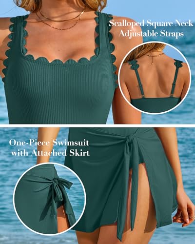Charmo One Piece Swim Dress Scalloped Square Neck Modest Swimsuits for Women Tummy Control Bathing Suit with Skirt