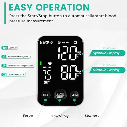 Oklar Blood Pressure Monitor Upper Arm Monitors for Home Use BP Machine Sphygmomanometer with 2x120 Reading Memory Adjusta...
