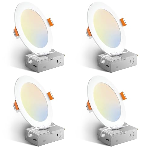 Amico 4 Pack 6 Inch 5CCT Ultra-Thin LED Recessed Ceiling Light with Junction Box, 2700K/3000K/3500K/4000K/5000K Selectabl...