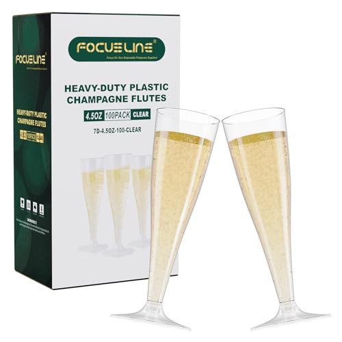 FOCUSLINE 100 Pack 4.5 Oz Plastic Champagne Flutes, Clear Plastic Champagne Glasses, Disposable Toasting Glasses Recyclabl...