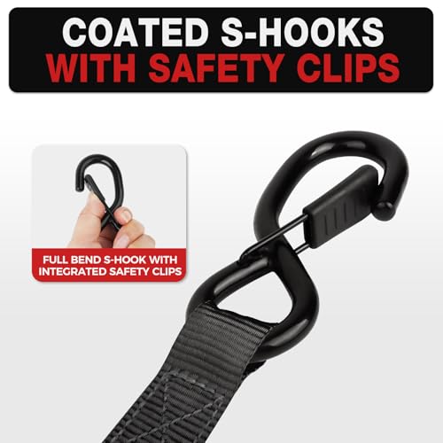 Autofonder Retractable Ratchet Straps with Soft Loops (4 Pack)-(1,500lb Break Strength)-1 Inch x 12 Feet Heavy Duty Auto S...
