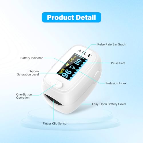 AILE Pulse Oximeter with Fingertip Oxygen Meter, Compact Fingertip Pulse Oximeter - Blood Oxygen/Heart Rate Monitor - 4 Co...