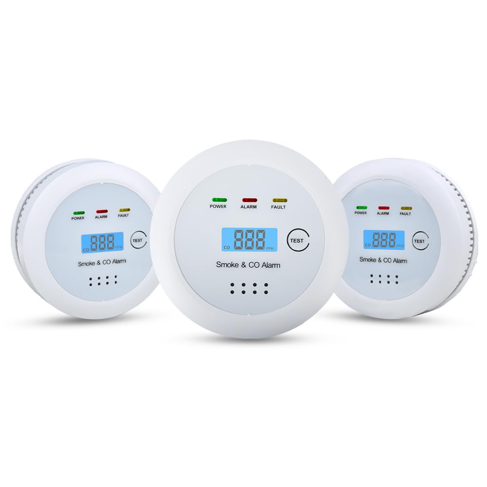 2 in1 Smoke Detector Carbon Monoxide Detector Combo,with LCD Digital Display and Sound Warning Test Button，Battery Powered，Easy Installation, for Home, Bedroom, Kitchen (3PACKS)