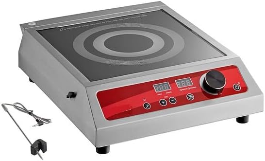 Professional Induction Cooktop with Temperature Probe, 3500W, Red/Silver, 208-240V, Digital Control, 20 Power Levels, 12.87x16.38x4.06 Inches