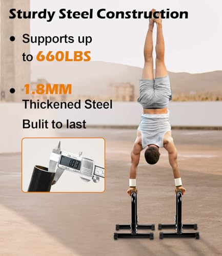 TABEKE Push Up Bar, 14'' High Steel Parallettes & Dip Bar with Full Coverage Foam Handle, Heavy-Duty Calisthenics Parallel...