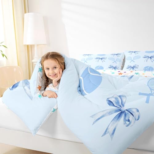 Castle Fairy Tennis Comforter Set Twin Size,Cartoon Tennis Racket and Ball Bedding Set 2 Pcs for Boys Girls,Kawaii Bowknot...