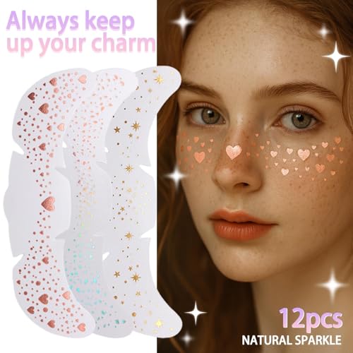fernfern 12 Sheets Glitter Freckles Stickers for Face and Body, Star and Heart Face Tattoo for Women and Girls, Long Lasti...