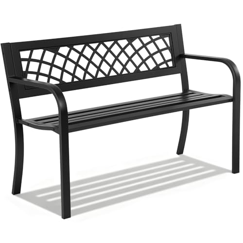 Garden Bench,Outdoor Benches,Iron Steel Frame Patio Bench with Mesh Pattern and Plastic Backrest Armrests for Lawn Yard Po...