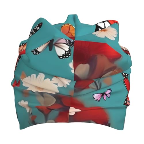 YANYU Hen Flying Butterflies Among Flowers Print Soft Beanie Winter Hat Warm Thermal Cap Headwear for Snow Play Outdoor Ac...