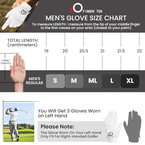 FINGER TEN All Weather Grip Golf Gloves Men Value 3 Pack for Right Handed Golfer, Hot Wet Rain Grip & Comfort Soft Glove f...
