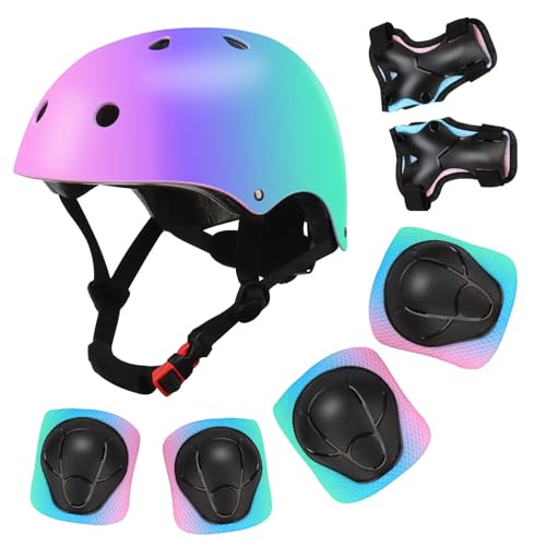 Color Gradient Adjustable Kids Bike Helmet with Knee & Elbow Pads Set | Multi-Sport Safety Gear for Boys & Girls Ages 5-14...