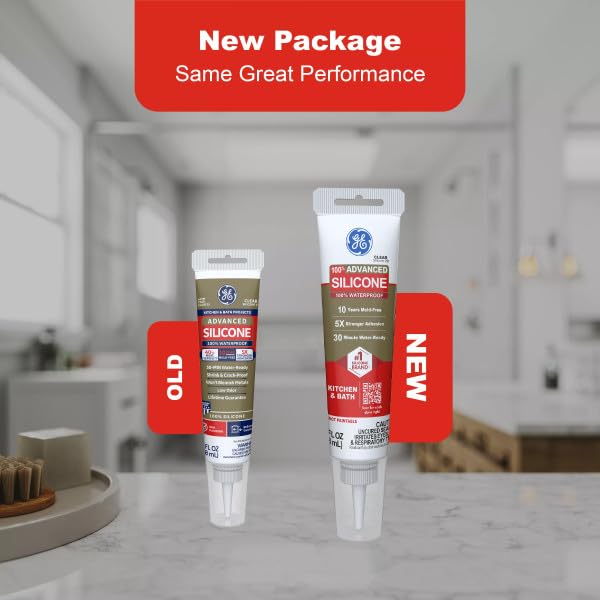 GE Advanced Silicone Caulk for Kitchen & Bathroom, White, 2.8 fl oz Tube, 1 Pack - 100% Waterproof Silicone Sealant, 5X Stronger Adhesion, Shrink & Crack Proof