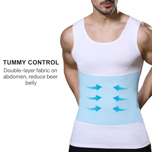 Mens Slimming Compression Shirt, Body Shaper Workout Tank Top, Gynecomastia Tummy Control Undershirts - Change in Seconds