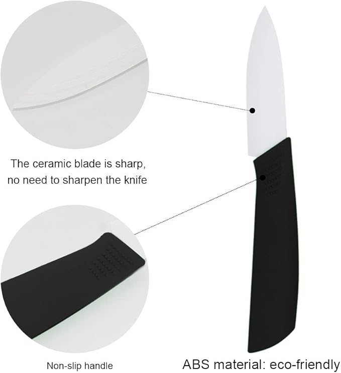5-Pieces Ceramic Knife Set,Sharp Ceramic Knife with Block Stand,Steak Knife,Black Kitchen Knives With Anti-Slip handle,Includes 6"Chef Knife,5"Utility Knife,4"Vegetable Knife,3"Bread Knife,1"Peeler