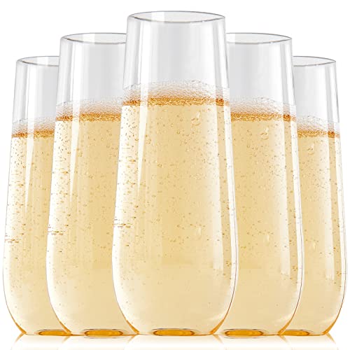 FOCUSLINE 24 Pack 9 Oz Clear Plastic Champagne Flutes, Stemless Plastic Champagne Glasses Clear, Heavy Duty Toasting Glass...