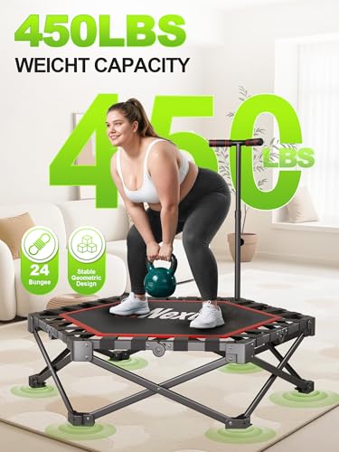 FitNexus 42" Foldable Mini Trampoline- 450lb Capacity Fitness Rebounder w/3-Level Adjustable T-Bar, Adults Workout Trampol...