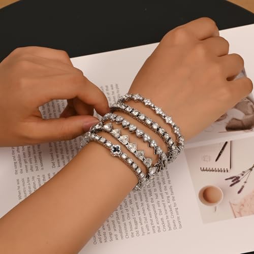 5PCS Diamond Tennis Chain Bracelet Set for Women ,Gold/Silver Plated Bangle Cuff Heart Shape Floral Clover Cross Charms Si...