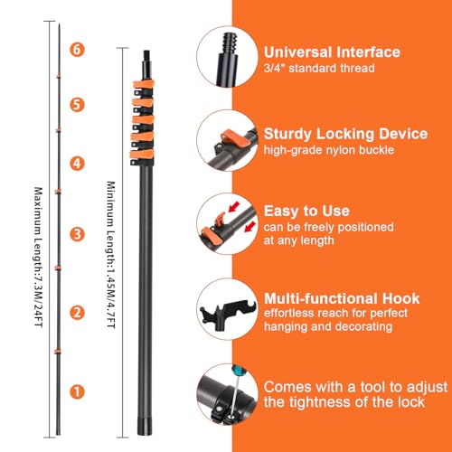 Msnaile Carbon Fiber Christmas Light Pole Hanger Tool, Extendable 4.7-24 FT High Reach Telescoping Pole with Hook for Roo...