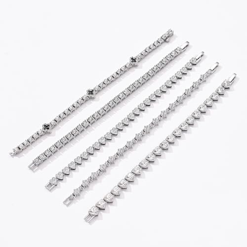 5PCS Diamond Tennis Chain Bracelet Set for Women ,Gold/Silver Plated Bangle Cuff Heart Shape Floral Clover Cross Charms Si...