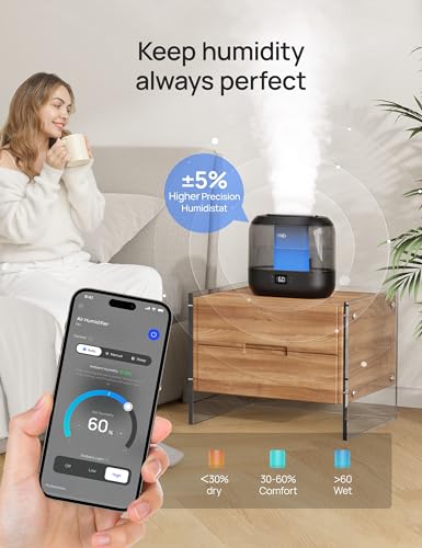 Dreo Smart Humidifiers for Bedroom, Top Fill 4L Supersized Humidifier Large Room with 28 dB, 36H Runtime, Touch/APP/Voice ...