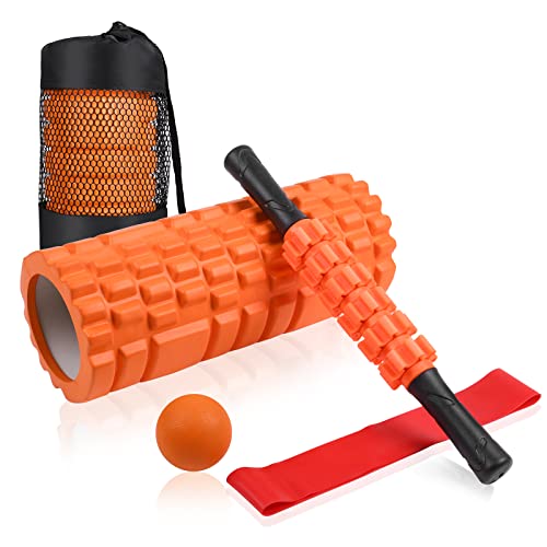 5 in 1 Foam Roller Set: Trigger Point Roller, Yoga Stick, Massage Ball, Fitness Stretching Strap, Carrying Bag, Towel for ...