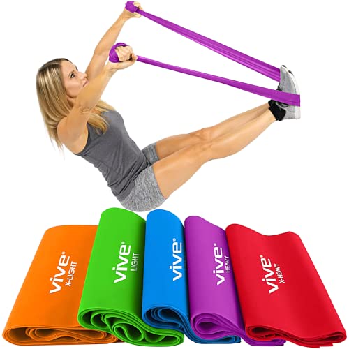 Vive Flat Resistance Band (5 Piece Set) - Stretch Bands for Exercise, Physical Therapy, Yoga - Elastic Bands, Long Stretch...