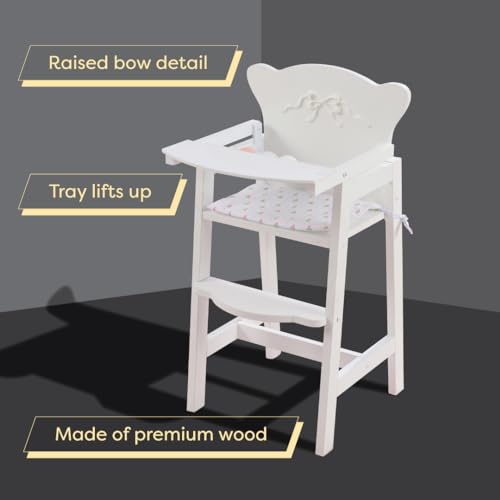 KidKraft Tiffany Bow Scalloped-Edge Wooden Lil Doll High Chair with Seat Pad - White, Gift for Ages 3+