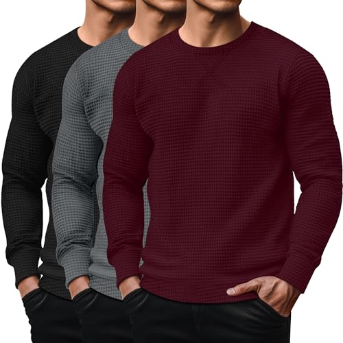 August Alley 3 Pack Men's Waffle Long Sleeve Shirts, Crew Neck Thermal Textured Underwear Tops Lightweight Pullover Sweaters