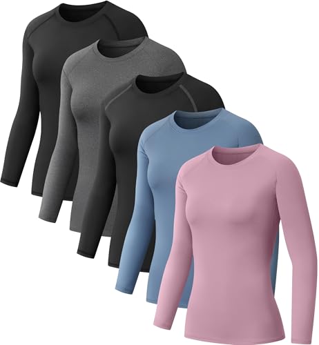 NebuKinex 5 Pack Women's Compression Shirt Long Sleeve Workout Tops Athletic Baselayer Quick Dry Gym Yoga Running T-Shirt