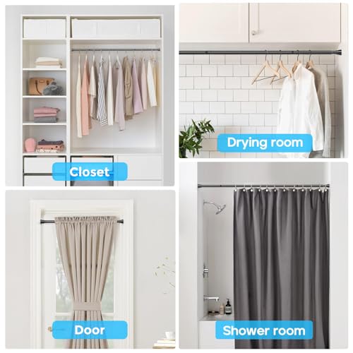 Black Spring Tension Curtain Rod 28-52 Inches, 7/8" Diameter Adjustable Shower Curtain Rod No Drill, Anti-slip Heavy Duty ...