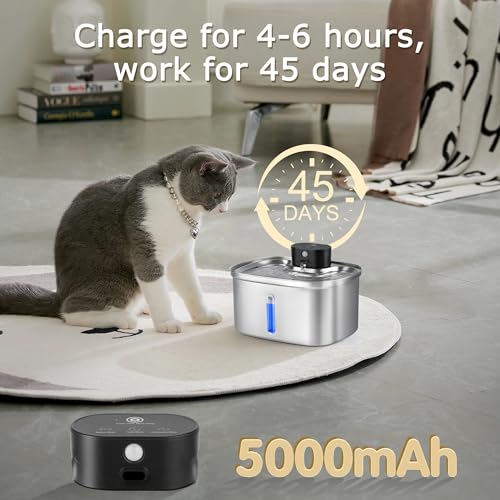 Wireless Cat Water Fountain Stainless Steel, 5L/169oz Automatic Pet Water Dispenser with 5000mAh Battery, 3 Modes (Sensor/...