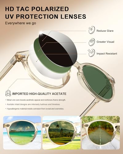CARFIA Retro Polarized Sunglasses for Men UV400 Protection Handmade Acetate Round Frame CA5288L