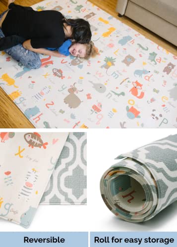 Baby Care Play Mat (Large, Moroccan - Blue) 82'' x 55'' Original One-Piece Reversible Rollable Waterproof Play Mat for Inf...