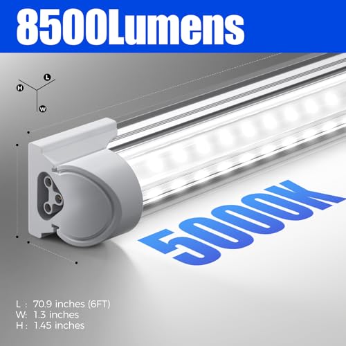 Barrina T8 LED Shop Light, 6FT 60W 8500LM 5000K, Clear Cover Linkable Garage Lights, V-Shape LED Light Fixture, Shop Light...