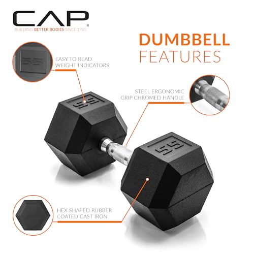 CAP Barbell 55 LB Rubber Coated Hex Dumbbell Hand Weight - Pair | Chrome Handle