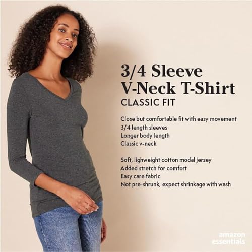 Amazon Essentials Womens Regular-Fit 3/4 Sleeve V-Neck T-Shirt (Available in Plus Size)