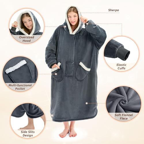 L'AGRATY Oversized Wearable Blanket Hoodie for Adults: Oversized Sherpa Fleece Hoodie Blankets with Giant Hood Pocket for ...