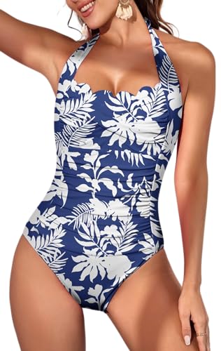 Eomenie Women One Piece Tummy Control Swimsuit Halter Scallop Trim Bathing Suits 1 Piece Vintage Ruched Slimming Swimwear