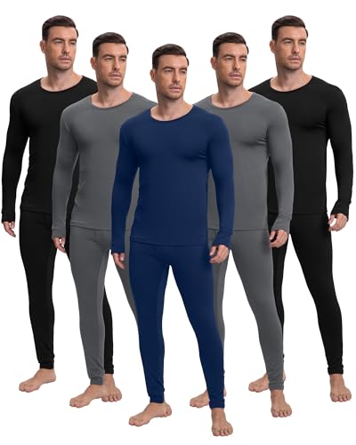Patelai 5 Sets Men's Thermal Underwear Fleece Base Layer Set Winter Base Layer Cold Weather Top Bottom