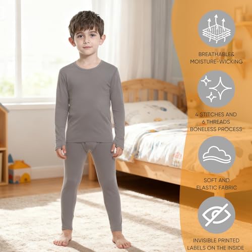 Bodvera Thermal Underwear for Kids，Boys Fleece Lined Base Layer Long Johns Thermals Top and Bottom Set for Winter Skiing