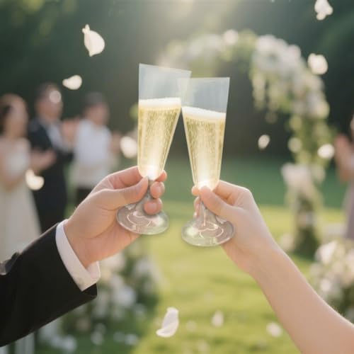 GQYJENTLX Champagne Flutes Plastic,25 Pack Disposable Champagne Glasses,Clear Stemless Shot Cocktail Martini Wine Glasses,...