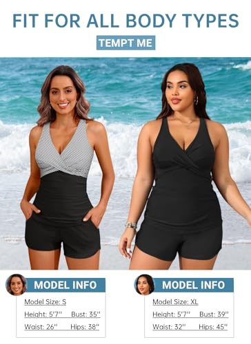 Women Tankini Swimsuits with Shorts - Two Piece Tummy Control Bathing Suits Top with Two Pockets Bottom Swimwear