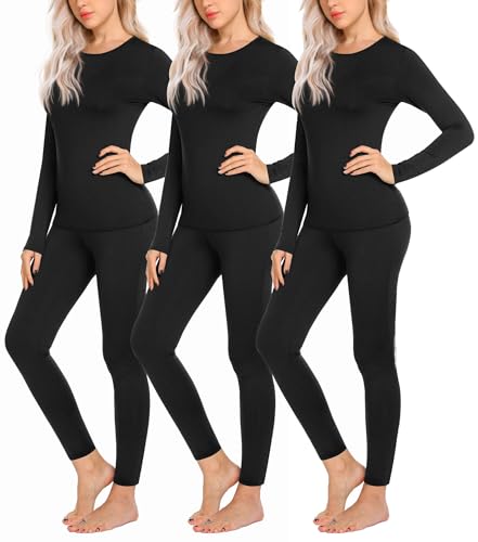 Ekouaer 3 Sets Thermal Underwear for Women Long Johns Long Sleeve Base Layer for Cold Weather S-XXL
