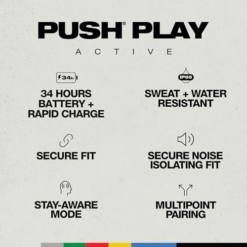 Skullcandy Push Play Active Wireless Earbuds, Bluetooth Headphones, Noise Isolating Fit, 34 Hrs Battery, Secure-Fit Over-E...