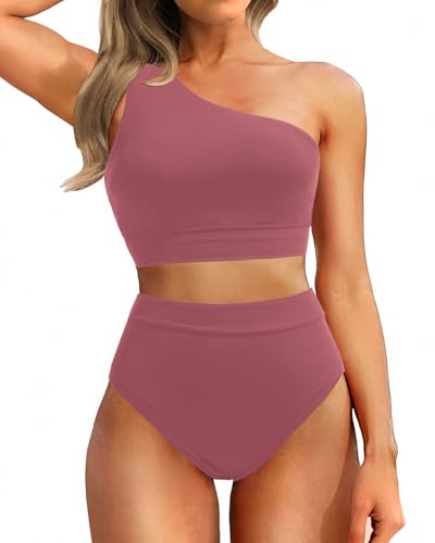 Holipick Women One Shoulder High Waisted Bikini Sets Two Piece Swimsuit Tummy Control Bathing Suit Full Coverage Swimwear