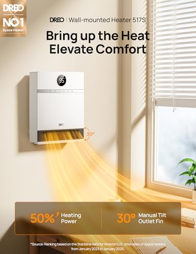 DREO Smart Wall Heater, IP24 Electric PTC Space Heaters for Indoor Use, 30° Oscillation, Adjustable Thermostat, Remote Con...
