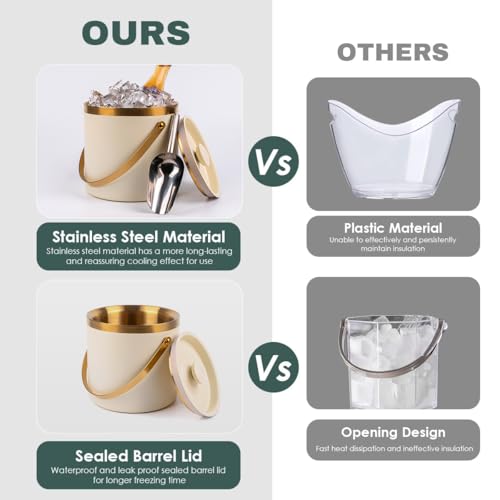 3L beige white Double Wall Insulated Stainless Steel Ice Bucket with scoop for Cocktail Bar,Metal Ice Bucket for freezer w...